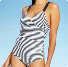 Kona Sol Shirred Macrame Strap One Piece Swimsuit, Navy/white, Small NWT 35