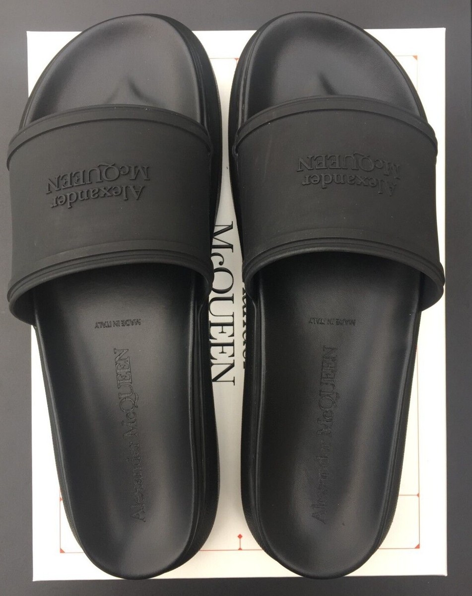 $450 Mens Alexander McQueen Logo Embossed Slides Sandals 