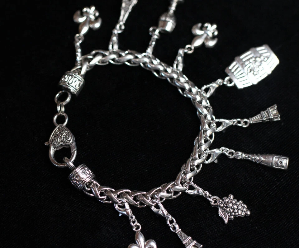 Pulsera Paris Wine Lover Charm Plata Estaño Dijes 8" Intercambiable Eiffel Foto 4 de 4