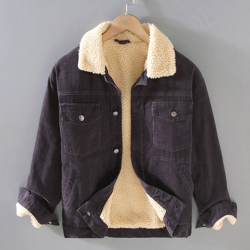 Herren Dicke Cord Jacke Sherpa Gefüttert Mantel Knopf Trucker Revers Mantel Warm Chic - Bild 29 von 29
