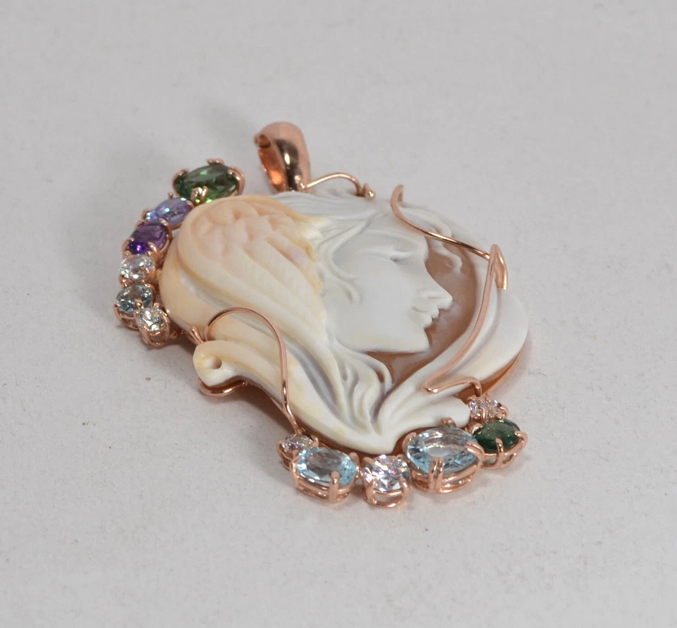 CIONDOLO ARGENTO 925 ROSA  CAMMEO VOLTO TOPAZIO AZZURRO E ZIRCONI      AGDV 0163 - Immagine 3 di 4