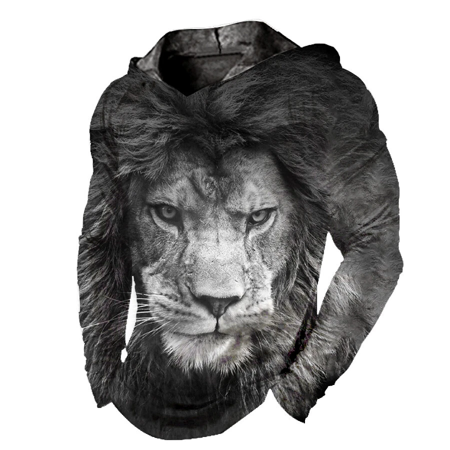 Men Hoodie Black White Lion Graphic Hooded T Shirts LightWeight Soft Fashion Top