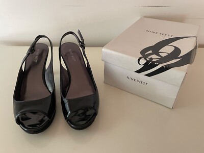 WOMEN'S NINE WEST BLACK PATENT PLATFORM PEEP TOE SLINGBACK SHOES SIZE W 