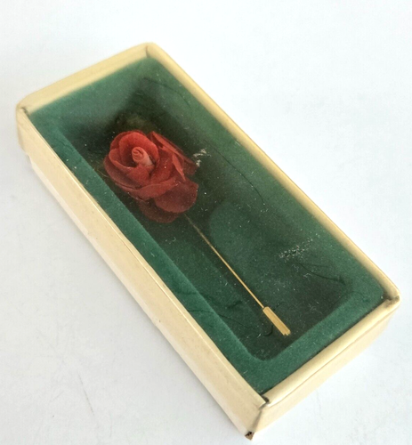 Vintage Millinery Red Rose Flower w/ Leaf Gold Tone Stick Pin 2-5/8" in Box - Picture 4 of 12