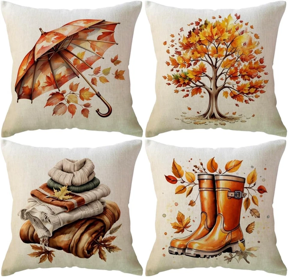 4PCS Fall Pillow Covers 18x18 Inch Maple Tree Umbrella Cozy Scarf Harvest Decor - Image 3 of 4