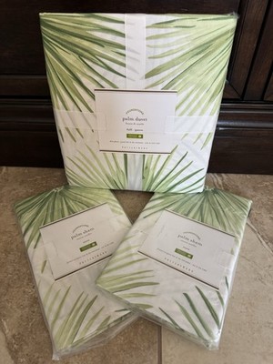 Pottery Barn ~TROPICAL PALM FROND~ F/Queen DUVET & 2 Euro SHAMS ~RAIN FOREST~ FL