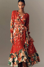 Farm Rio Anthropologie Long-Sleeve Wrap Midi Dress Size S NWT Red Floral Small