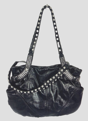 B Makowsky Black Leather Silver Studs Boho Moto Shoulder Slouchy Hobo Bag