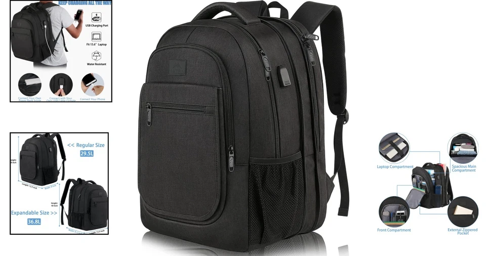 Großer Herren Damen Rucksack mit USB Ladeanschluss Arbeit Reisetasche - Bild 2 von 4