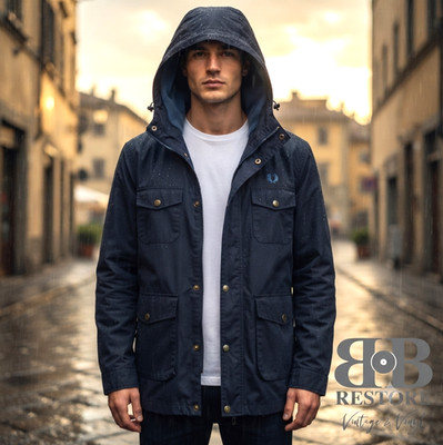 Original FRED PERRY Fleece Herren Regen Jacke Gr. M / L blau Kapuze Parker