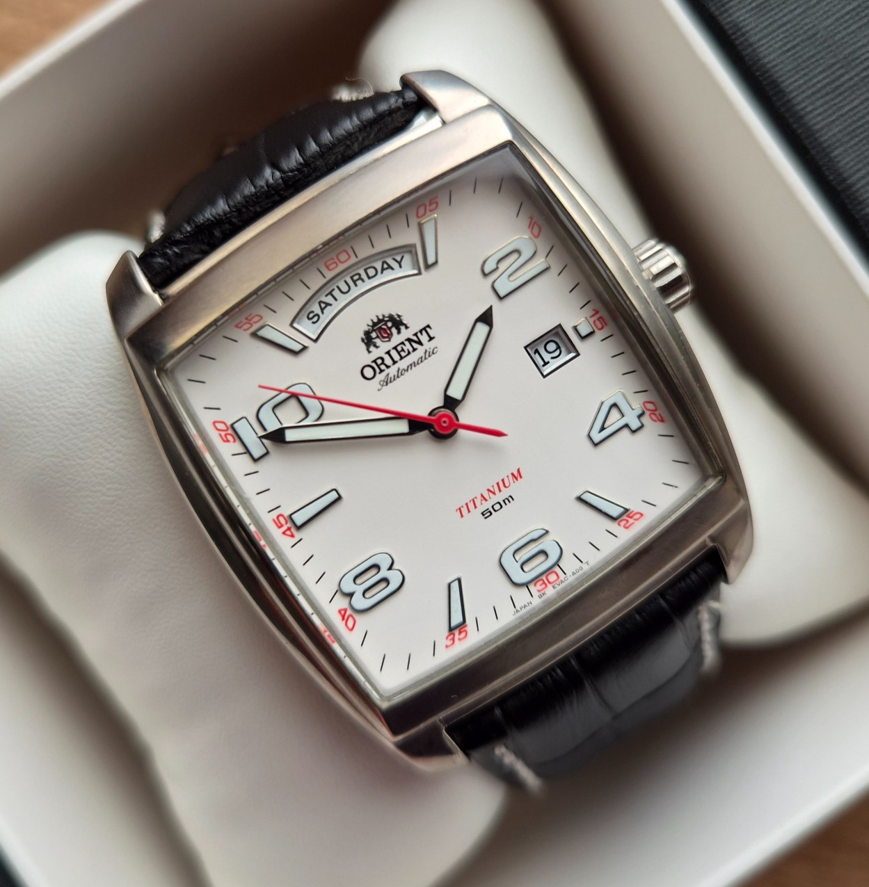Orologio quadrato Orient President Day date automatico Japan orologio bianco