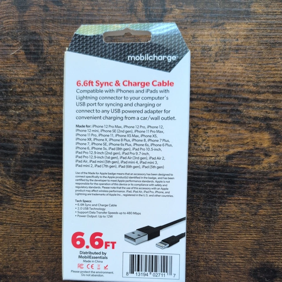 Mobilcharge 6.6 FT Lightening To USB Cable For iPod, iPhone, iPad - Image 2 of 2