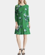 NWT Lauren Ralph Lauren Green Floral Jersey Shift Dress Long Sleeve Size 12