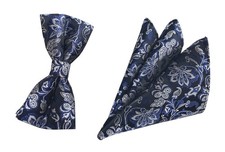 Men Blue Silver Silk Pre-tied Cravat Bows Ties Set Luxury for Birthday Gift 2 PC