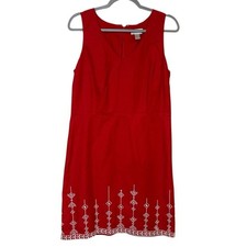 Loft 100% Cotton Sheath Dress Red Size 8 Embroidered Design Sundress Vacation