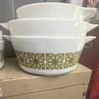PYREX Vintage White Green Glass Mixing Bowl Set, Milk Glass Pattern, With Lids
