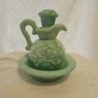 Vintage Avon Victorian Style Pitcher and Bowl Blue Green Milk Glass Bath Oil