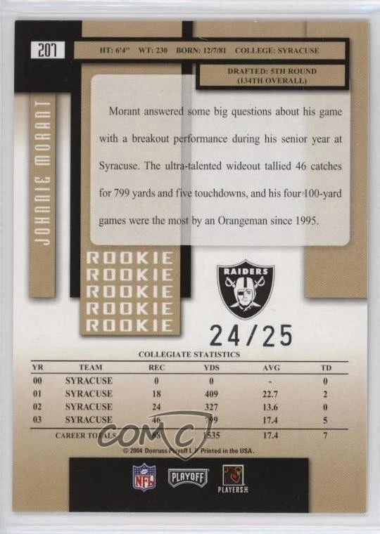 2004 Playoff Prestige Xtra Points Black /25 Johnnie Morant #207 Rookie RC - Image 2 of 2