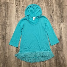 Soft Surroundings Teal Tunic Hooded Scoop Neck Lagenlook Tassle Pockets Medium M