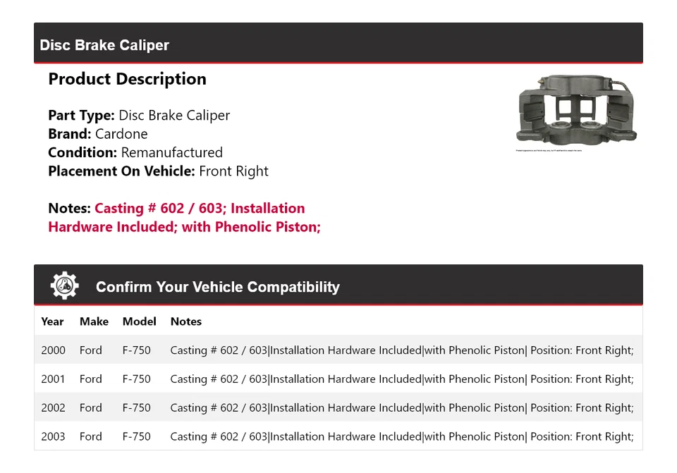Pinza de freno de disco delantera derecha cardone 2001 2002 para Ford F-750 2000-2003 Foto 2 de 4