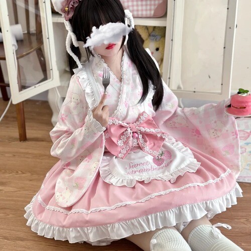 Japanese Sweet Lolita Kimono Dress Kawaii Strawberry Cat Print Bow Apron Maid - Picture 18 of 29