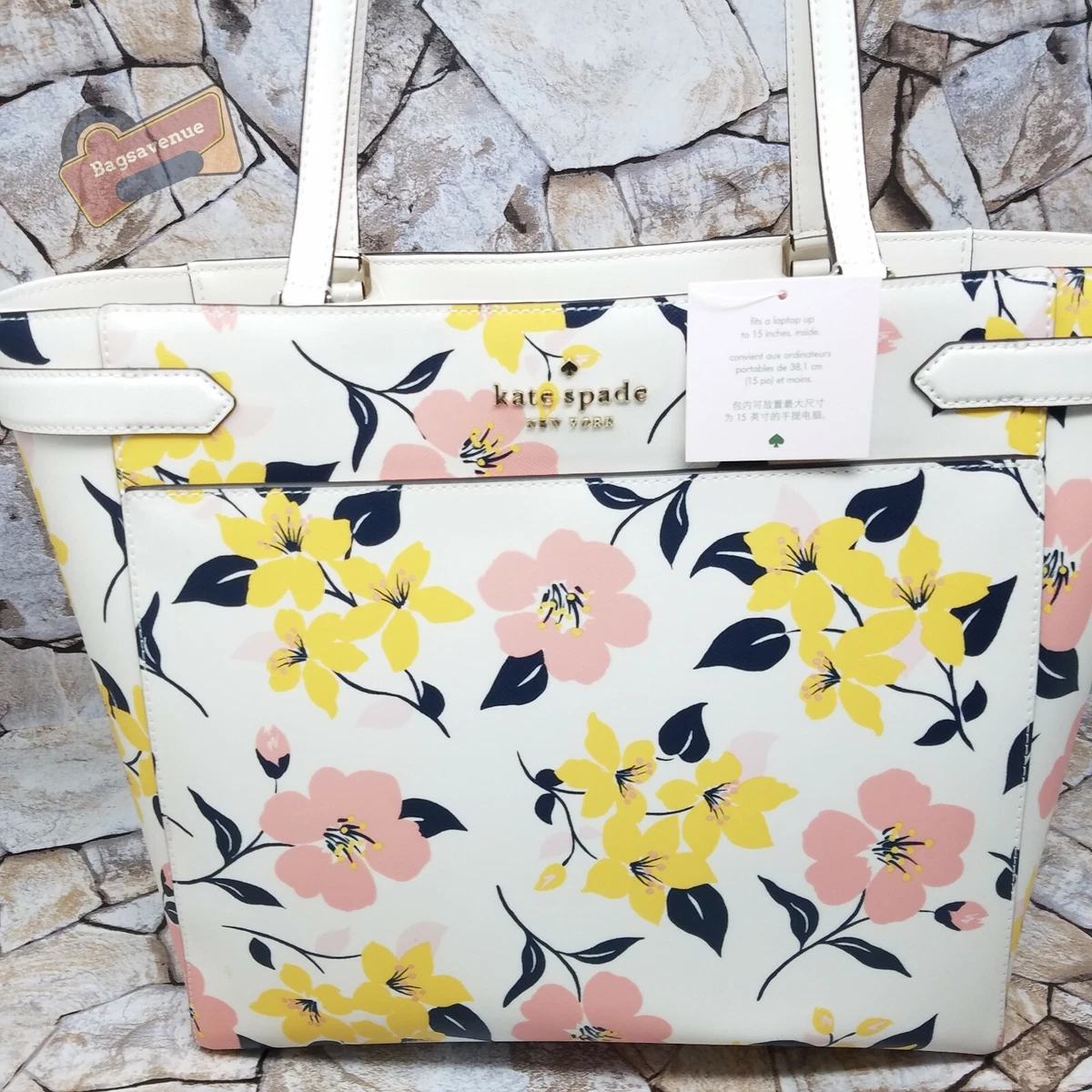 Kate Spade Staci Laptop Tote Shoulder Bag Garden Bouquet Floral Cream Multi