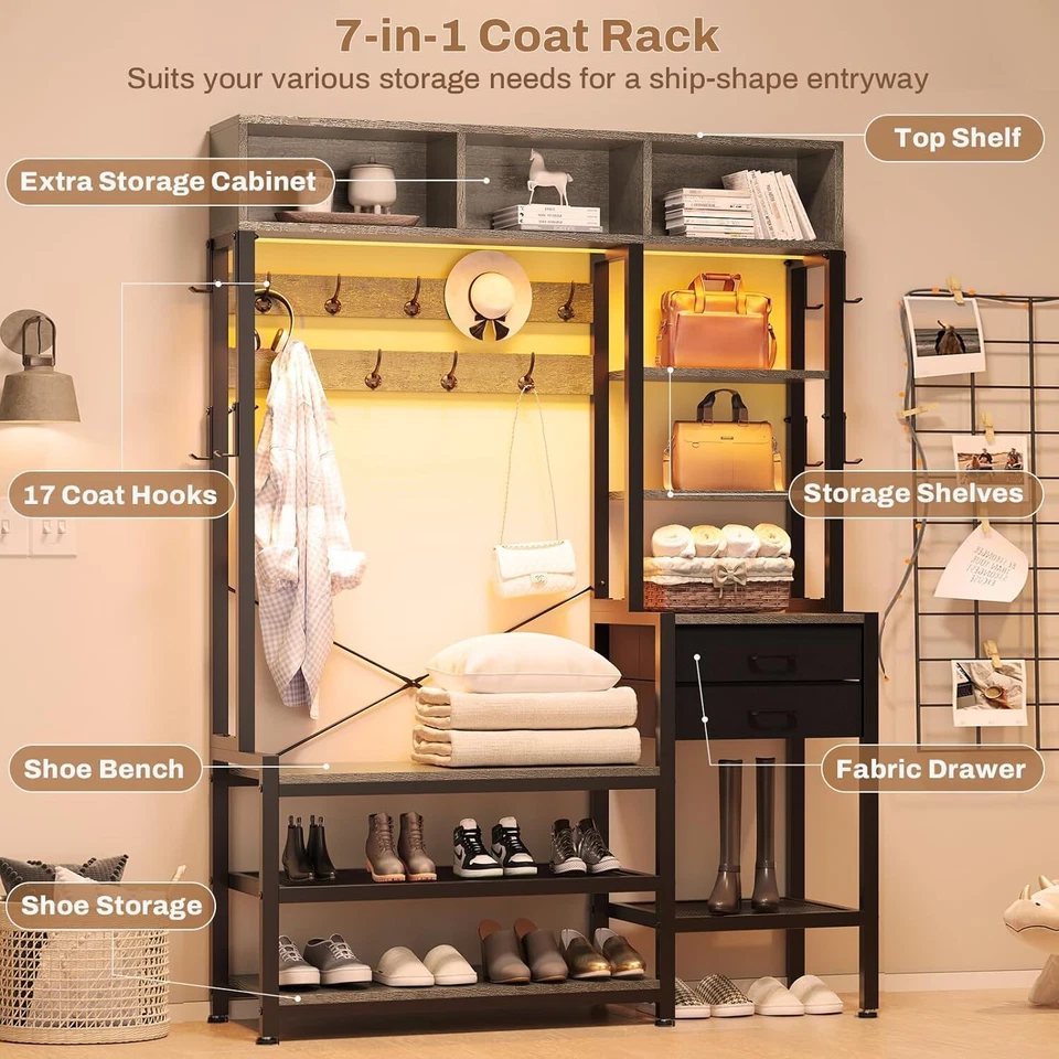 Banco de árbol de pasillo 7 en 1 con perchero 3 estantes para cubbitos 17 ganchos cajones de tela Foto 3 de 4