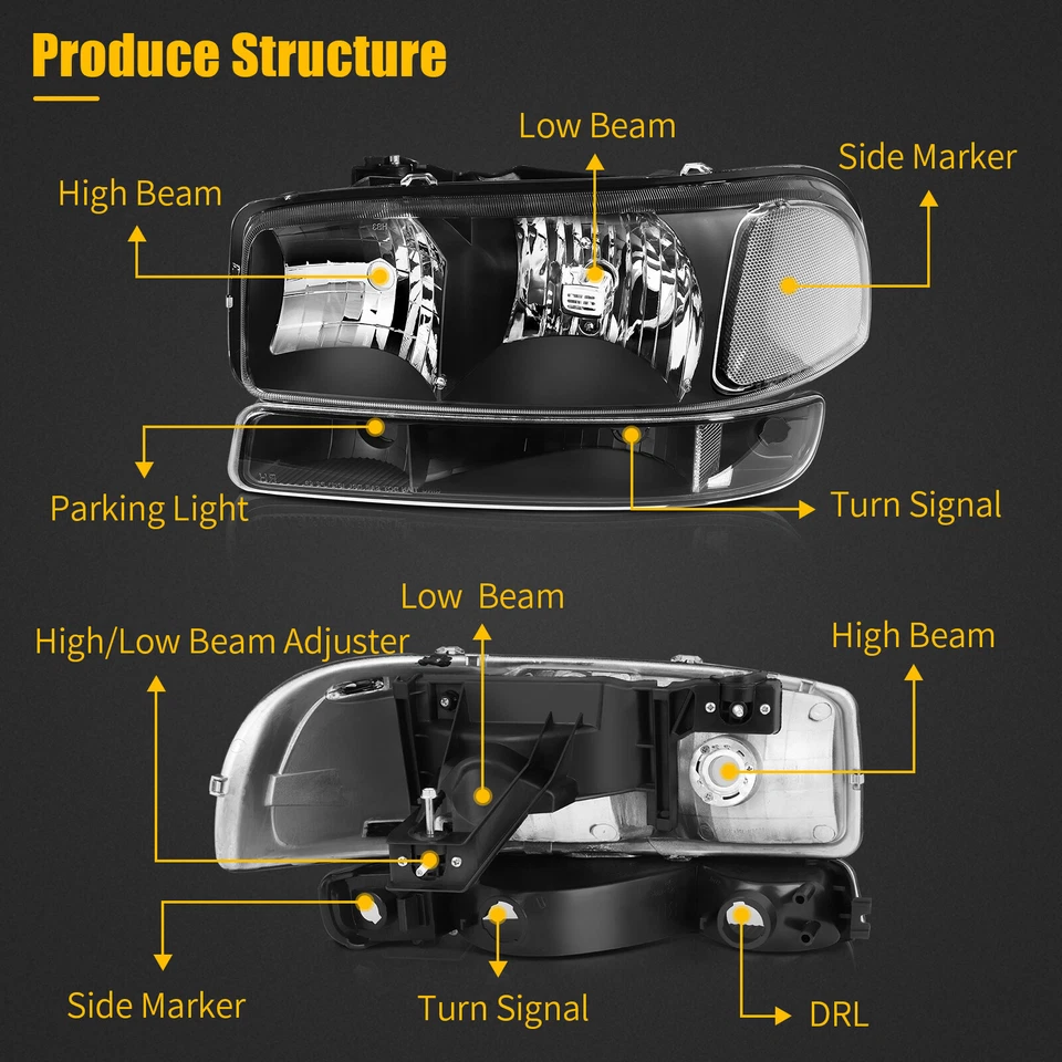 Fits 1999-2007 GMC Sierra Yukon Headlight Assembly Black Housing Left+Right Pair Foto 2 de 4