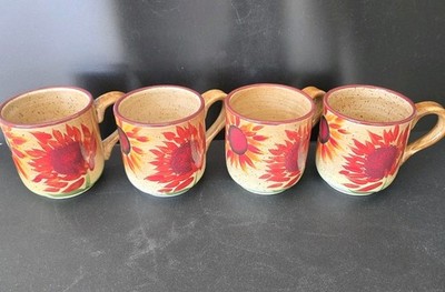(4) Pfaltzgraff Coffee Mug Cup ~Evening Sun~ HandPainted Sunflowers Vintage