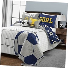 Soccer Game Reversible Oversized Kids 5 Piece Quilt Set Full/Queen White  Navy