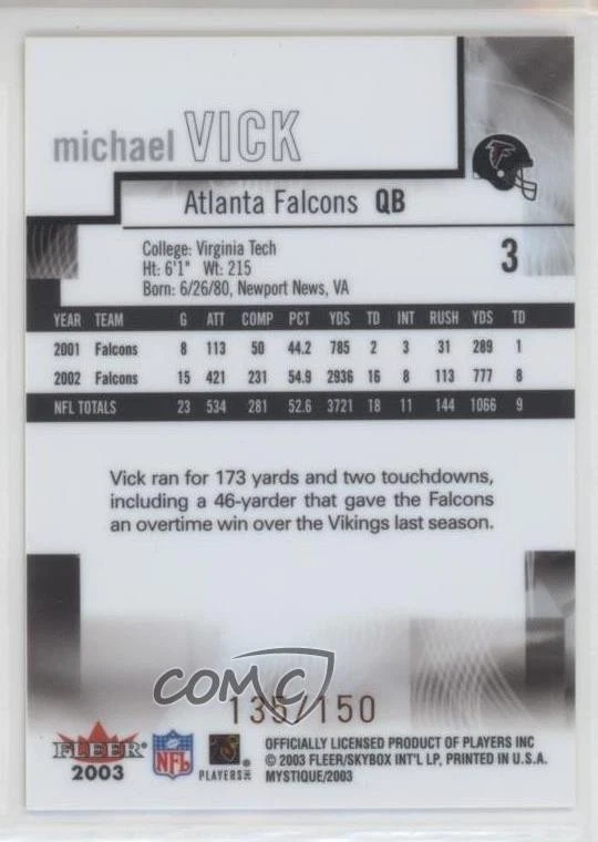 2003 Fleer Mystique Gold /150 Michael Vick #3 - Image 2 of 2
