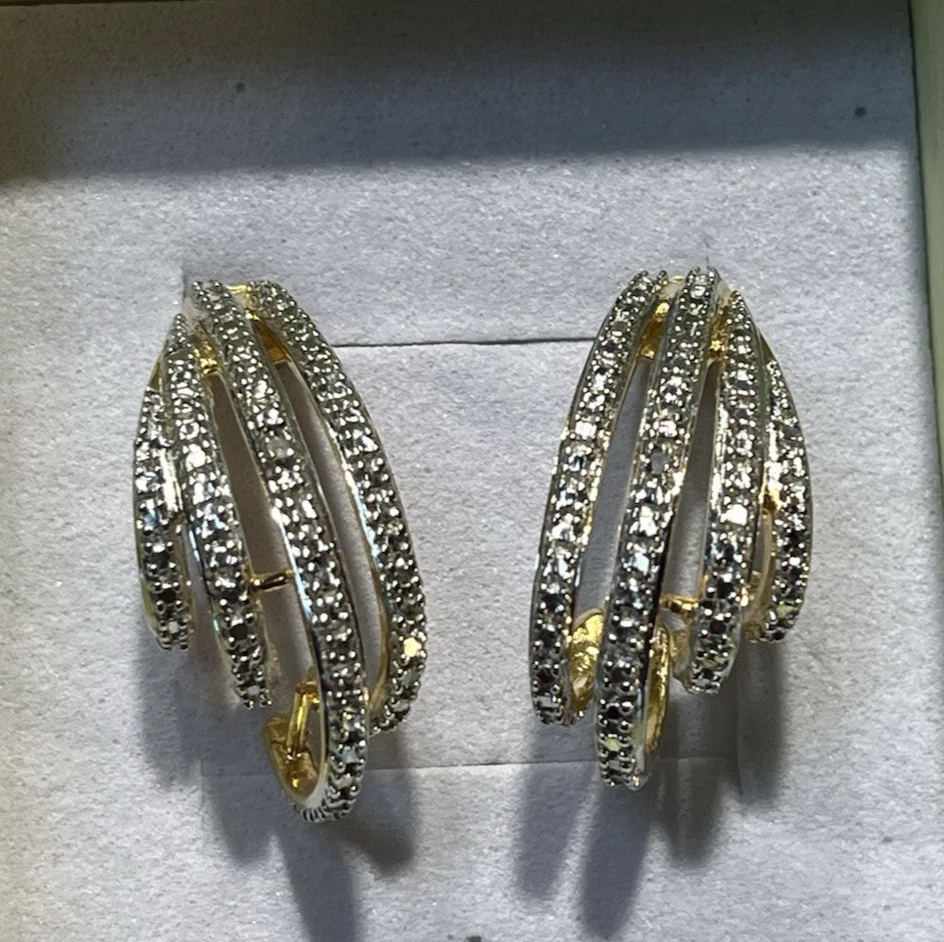 Vintage Sterling Silver .925 Ross Simons Diamond Pave Gold 4 Ribbed J-Earrings - Image 2 of 4