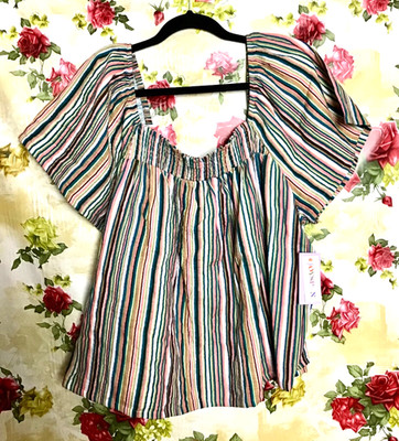 JOY SPUN LADIES FASHION MULTICOLOR GAUZE STRIPE TOP SIZE 2X (18W - 20W)