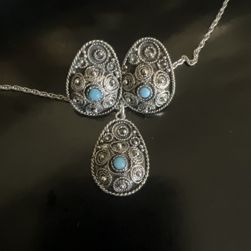 Stunning Vntg sterling silver & Turquoise filigree Set earrings & Necklace 18.5”