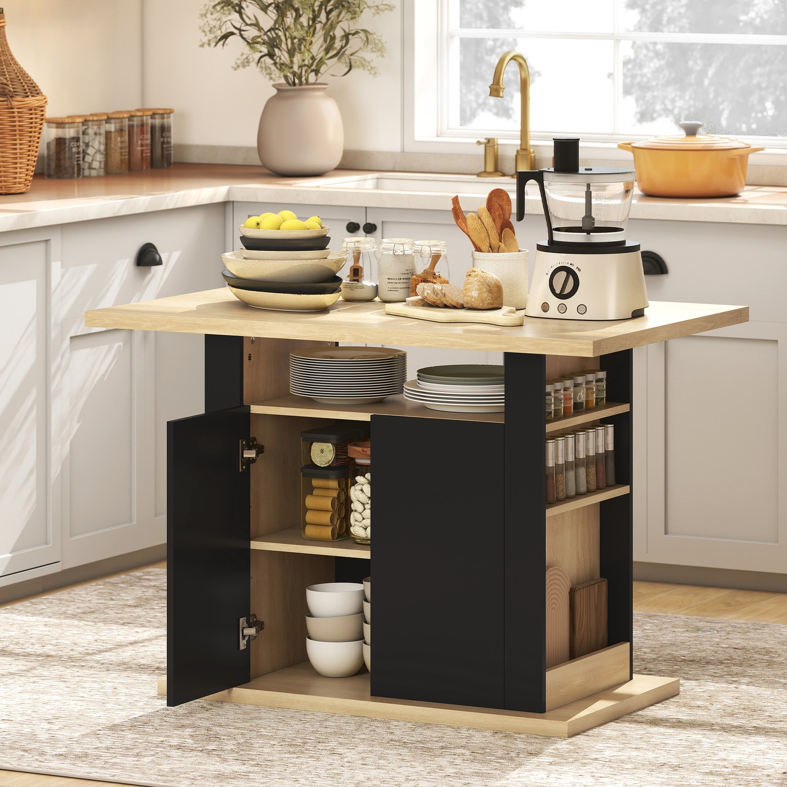 Kitchen Island with 4-Door Storage Cabinet and Spice Rack, Black & Natural