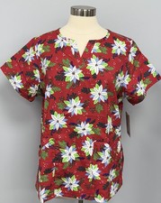 NWT Buttersoft Winter Floral Scrub Top L Red Christmas Poinsettia Scrub Uniform