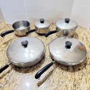 Vintage Revere Ware Copper Bottom 9 Piece Cookware  Stainless Steel Pots Pans