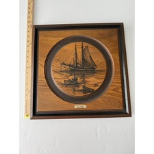 VINTAGE Signed Nautical Port Hole Scene Painting on Wood Plaque Art