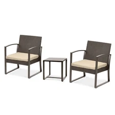 3 Pieces Patio Furniture Set Rattan Patio Conversation Set with Table & Cushions