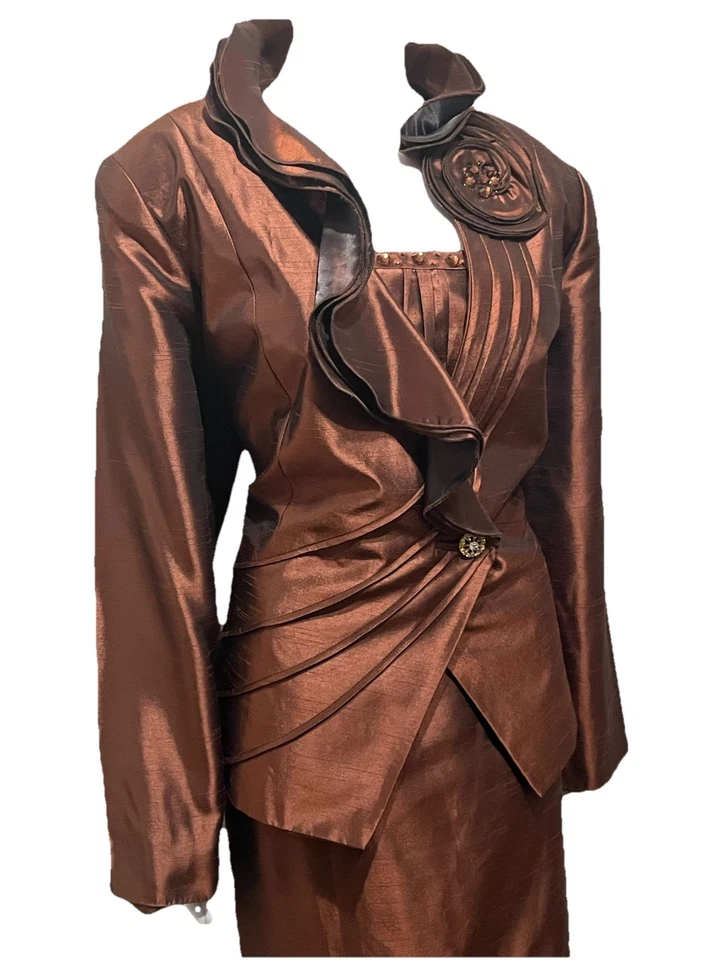Traje Falda BMJ Studio 3 Piezas Talla Grande 18W Elegante Marrón Satinado Carrera Iglesia Traje Foto 3 de 4