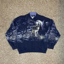 Vintage Art Unlimited All Over Print AOP Nature Wolf Henley Sweatshirt Size L