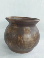 Studio Art Pottery Clay Planter Vase Brown Metalic Glaze Artist Signed 3.5 Inch