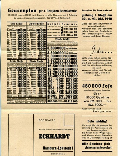 Germany 4.Deutsche Reichslotterie Gewinnplan (Drawing Rules) 1940 Berlin - Picture 2 of 3