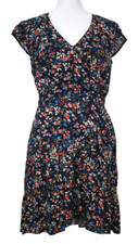 J CREW 4 Navy Blue Floral Dress Faux Wrap Ruffle V Neck Red Yellow Boho Summer