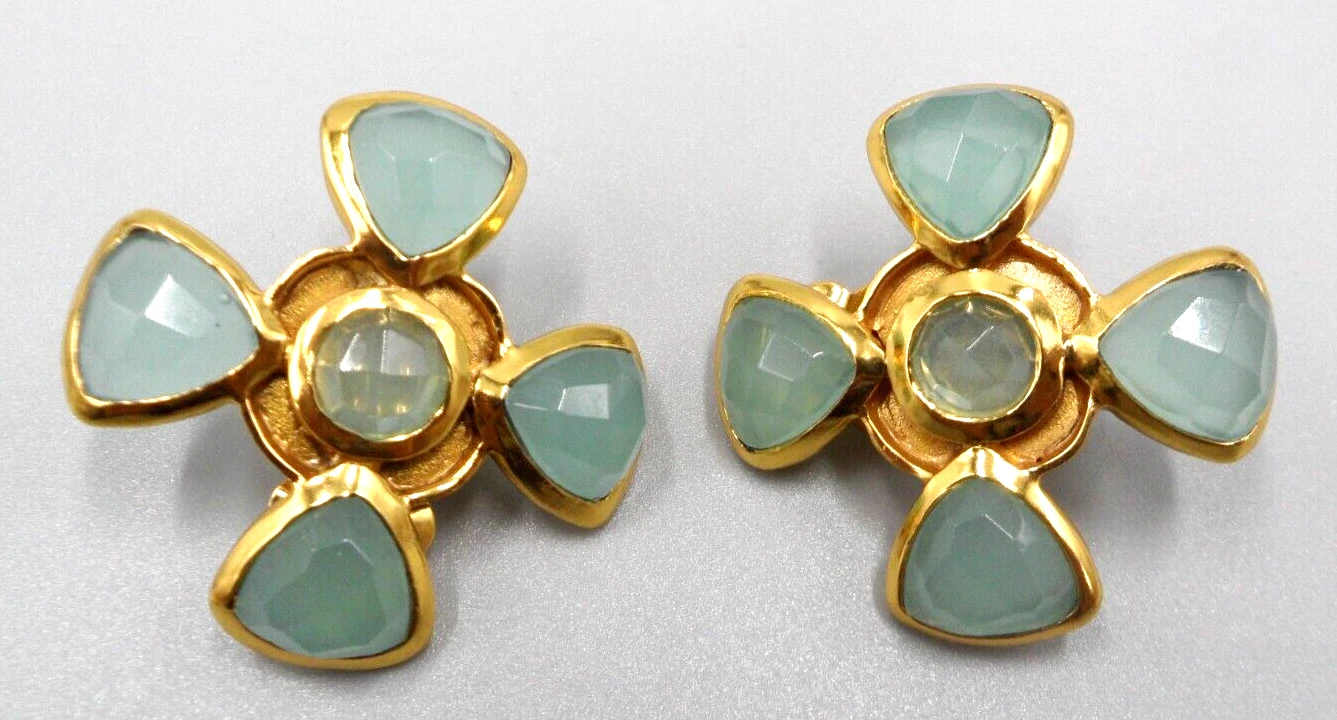 Julie Vos Maltese Cross Earrings Aqua Glass Trillion Cabochons Clip On 1.25"