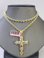 14k Yellow Gold Rope Chain Jesus Nugget Cross Charm SET 3mm 18" Necklace