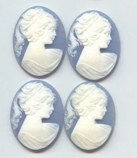 3 VINTAGE WEDGEWOOD BLUE ACRYLIC LADY HEAD PONY TAIL 40x30mm. OVAL CAMEOS C47