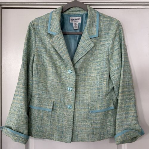 VTG Pendleton 100% Silk Jacket Women’s 10 Petite Aqua Blue Multi Tweed Blazer EC