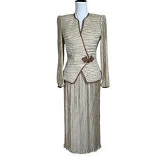 VTG Talbots Pleated Midi Skirt Suit Sz 4 2 Rope Trim Jacket Wedding Formal 80s
