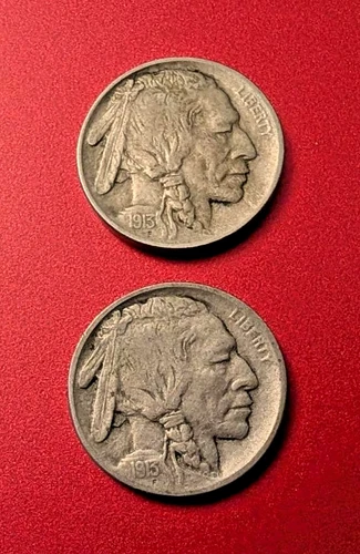 1913 P & D Type 1 (Raised Ground) Buffalo Nickels - Very Good Condition.